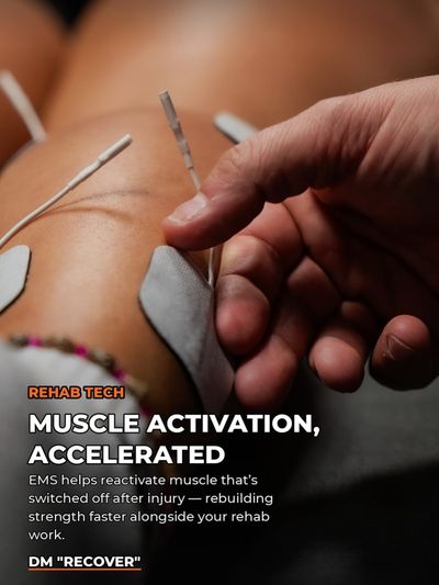 Instagram post: Muscle activation, accelerated - EMS pads on a client's leg during rehab