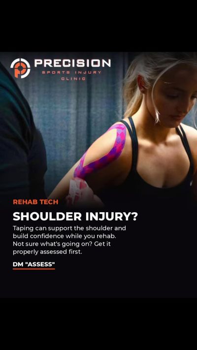 Instagram post: Shoulder injury? - kinesiology tape on a client's shoulder
